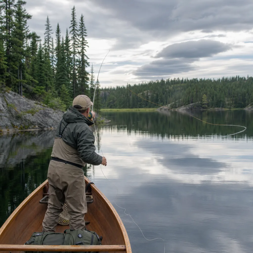 Angler fly fishing from a boat on a calm Canadian wilderness lake