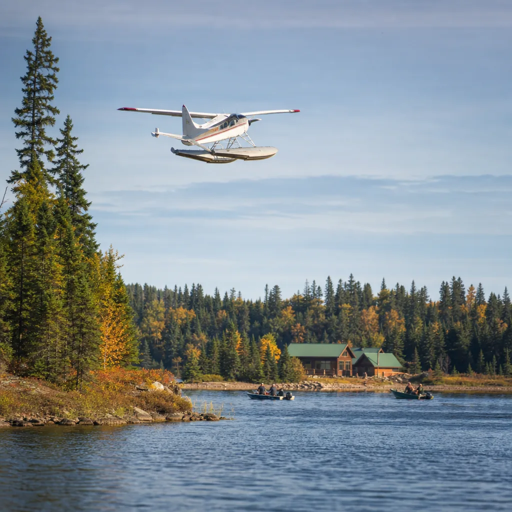 Floatplane flying over a remote Canadian wilderness lake